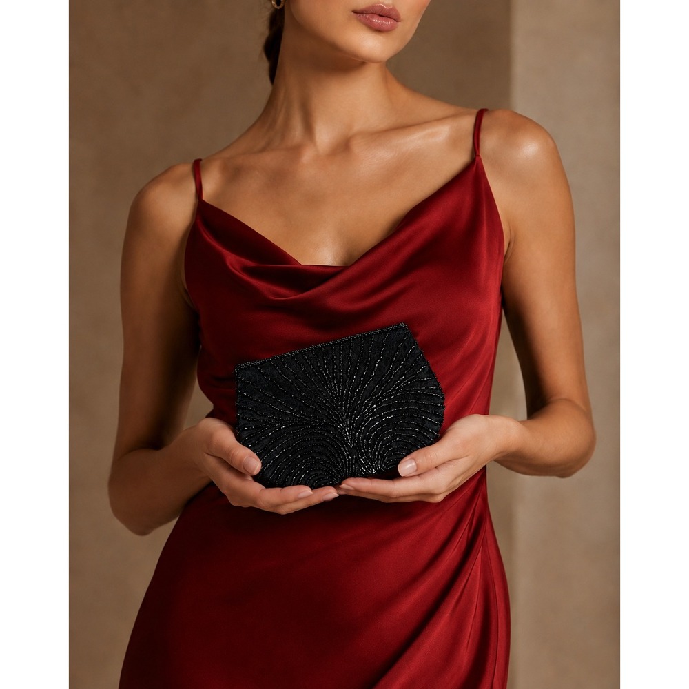 Maxfactor & Co VTG Black Beaded Evening Clutch Handmade Satin Sunburst Handbag